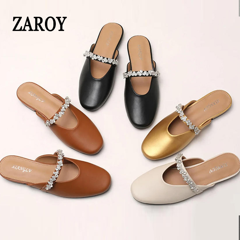 Street Fashion Dress - ZAROY Rhinestone Leather Mules Women Sandals