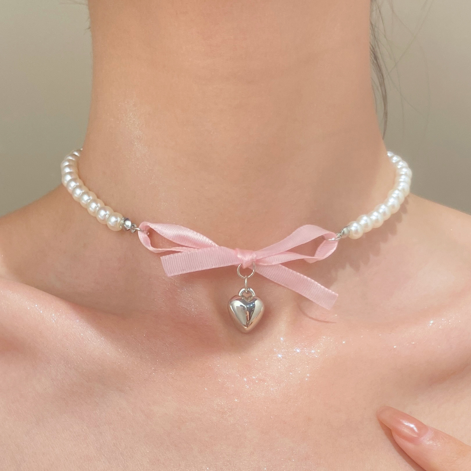 Street Fashion Necklace - French Romantic Pink Bowknot Heart Pendant