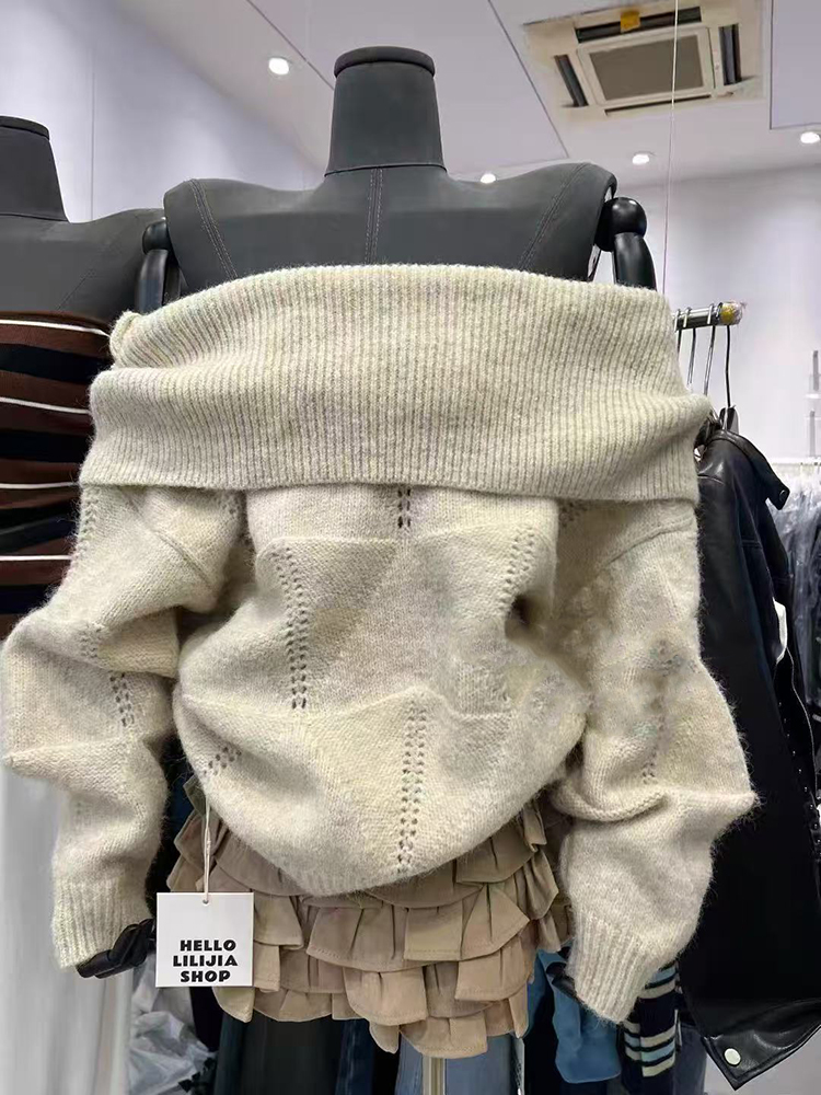 Fashion Slash Neck Knit Sweate – обзор и цена Korean Street Fashion Female
